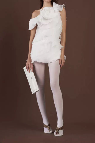 Shelyn Flower One Shoulder Ruffle Mini Dress - Beige