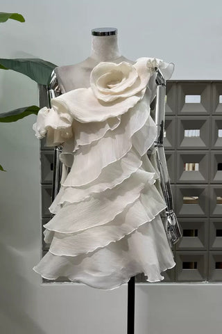 Shelyn Flower One Shoulder Ruffle Mini Dress - Beige