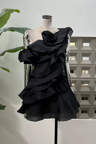 Shelyn Flower One Shoulder Ruffle Mini Dress - Beige