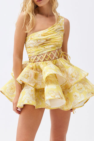 GAIL YELLOW FLORAL PRINTED ONE-SHOULDER MINI CHIFFON DRESS