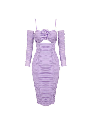 KHLOE LILAC MIDI RUCHED DRESS WITH FLOWER DETAIL