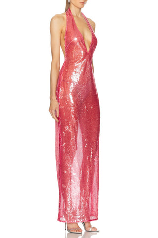 ZORA SHEER SEQUIN DEEP V NECK GOWN IN PINK RED