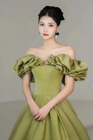 A-Line off Shoulder Satin Green Dress