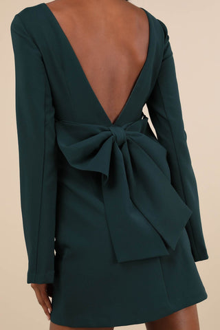 Emerald Bow Long Sleeve Backless Mini Dress