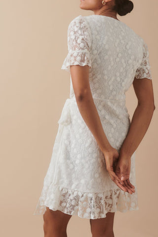 Lace  floral wrap mini dress in white