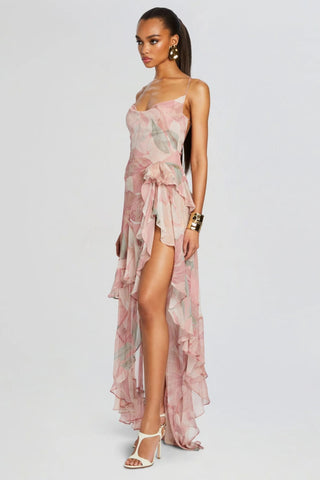 Ruffle floral backless maxi dress in pink