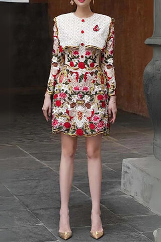 FLOWER EMBROIDERY THREADWORK MINI DRESS IN RED