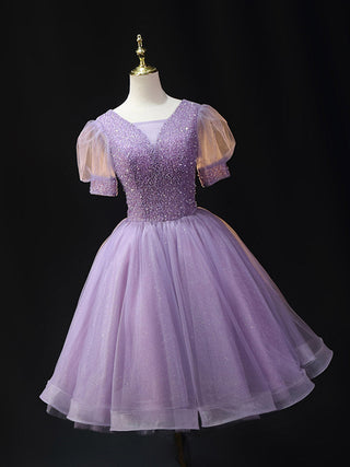 Purple V Neck Tulle Beading Sequin midi Prom Dress