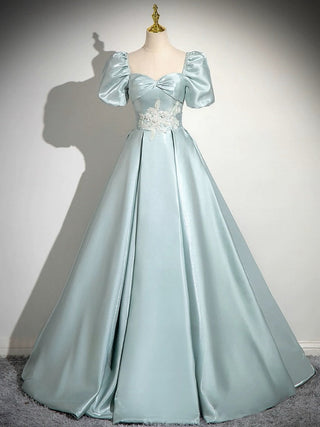 A-Line Sweetheart Neck Puff Sleeves Satin Blue Dress