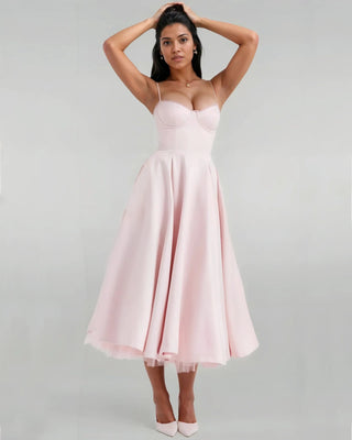Satin Corset Tulle Layered A-Line Midi Dress - Baby Pink