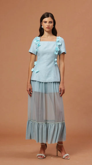 ursula blue Short Sleeves Flowers Folds Top And Skirt Two-Piece Set