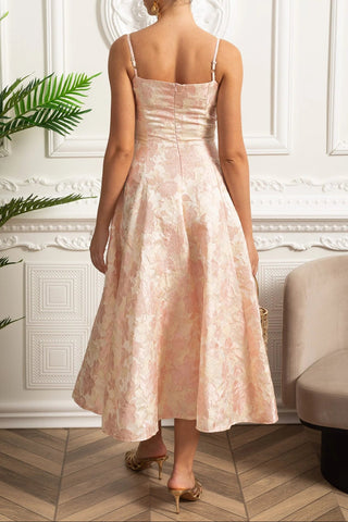 lauren Jacquard Midi Dress with Floral Motif - Blush Pink