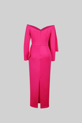 Long Sleeve Cut Out Ribbon Midi Dress - Fuchsia