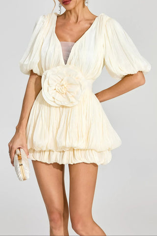 eartha Apricot 3d flower Organza Pleated Mini Dress