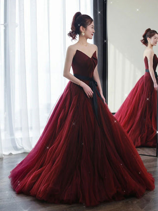 A line burgundy tulle dress