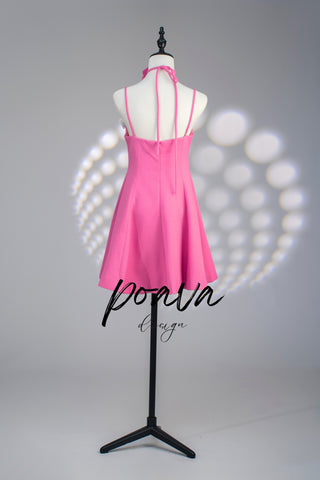 STRAP MINI DRESS WITH ROSE IN HOT PINK