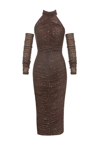 Sequin ruched midi dresses in brown