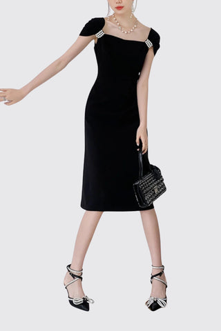 PEARL HALF SLEEVE BLACK FLOWING MIDI DRESS