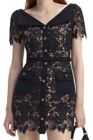 Lace buckle mini dress in black