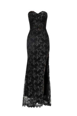 Lace strapless high split maxi dress in black