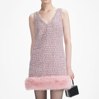 rosemary Pink Boucle Fur Hem Mini Dress