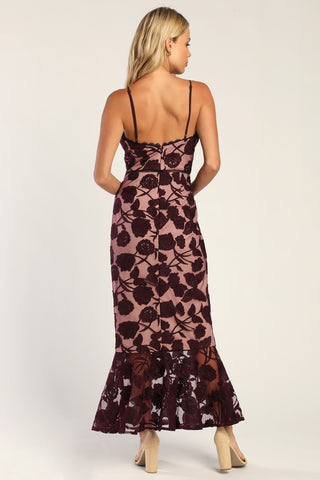 Dark Purple Floral Mesh Lace Trumpet Midi Dress