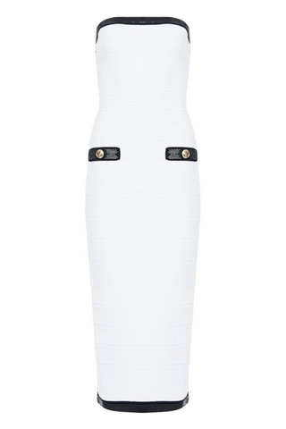 RIBBED STRAPLESS MIDI BANDAGE DRESS