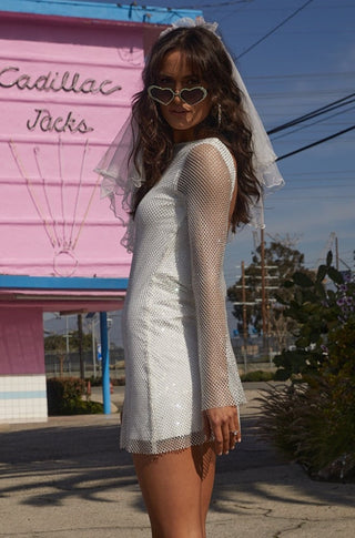 Anna White Rhinestone Mesh Mini Dress