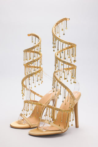 Arabella Rhinestone Tassel Stiletto Heels - Gold