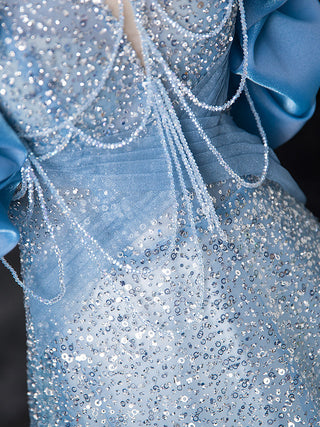 A-Line Off Shoulder Sequin Beads Blue Dress