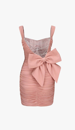 BOW DETAIL PLEATED MINI DRESS WITH GLOVES IN PINK