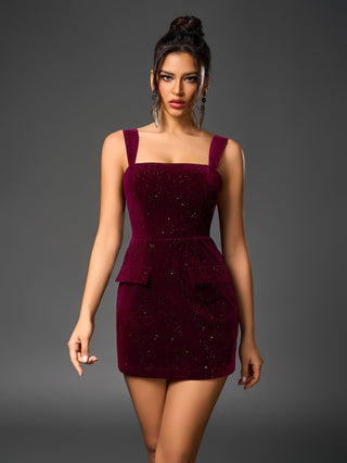 Backless Crisscross Tie Pocket Decoration Sequin Velvet Dress