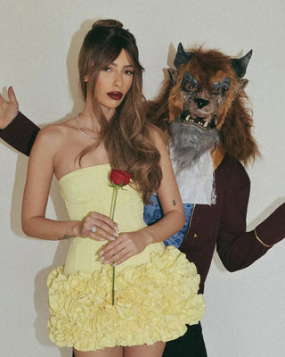 amy flower embellished mini skirt corset set in yellow