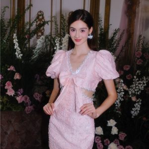 Pearl Diamond Decorated Bubble Sleeve Jacquard Embroidery Dress