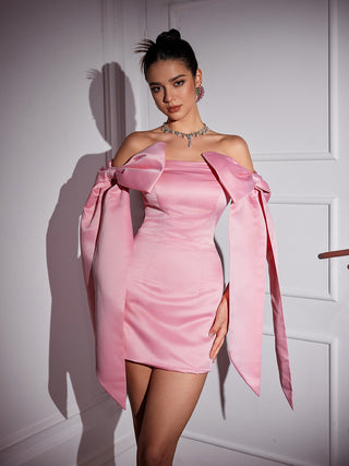 Camerin Off Shoulder Bow Satin Mini Dress