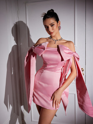 Camerin Off Shoulder Bow Satin Mini Dress