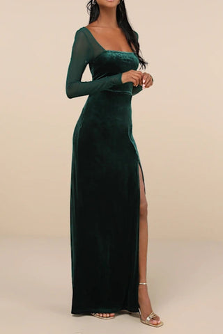 Certifiably Chic Emerald Velvet Mesh Long Sleeve Maxi Dress