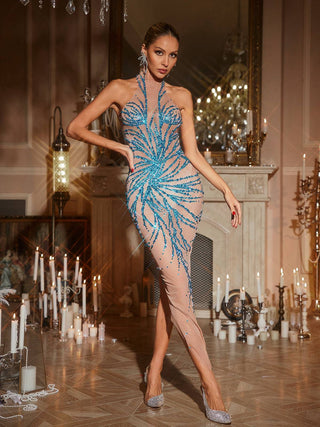 Christene High Neck Rhinestone Dress In Blue