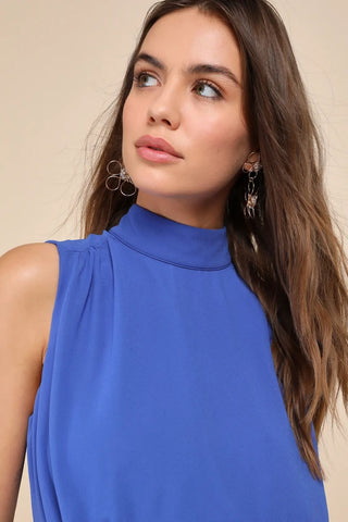Classic Elegance Blue Chiffon Sleeveless Mock Neck Mini Dress