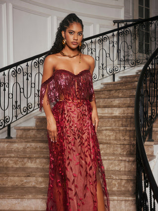 belen Codruta Strapless Leafy Fringe Maxi Dress In Wine