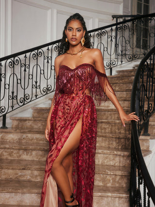 belen Codruta Strapless Leafy Fringe Maxi Dress In Wine