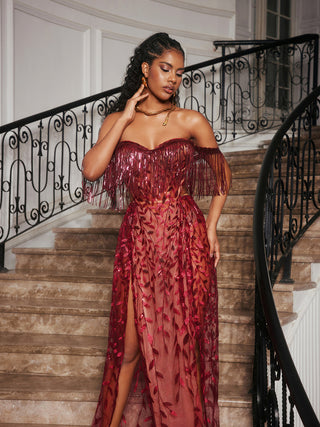 belen Codruta Strapless Leafy Fringe Maxi Dress In Wine
