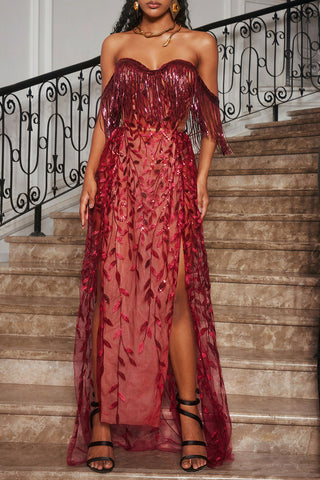 belen Codruta Strapless Leafy Fringe Maxi Dress In Wine