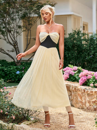 Contrast Ruched Bust Mesh Midi Tube Dress