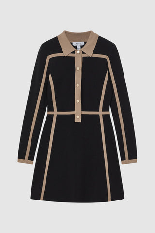 Contrast Trim Press-Stud Mini Dress in Black/Camel