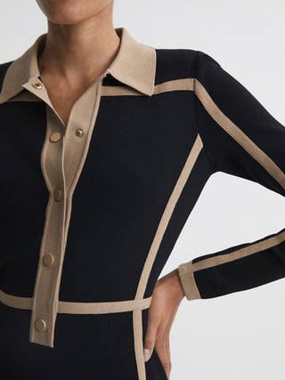 Contrast Trim Press-Stud Mini Dress in Black/Camel