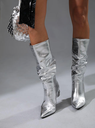 Courtney Leather Boots In Silver