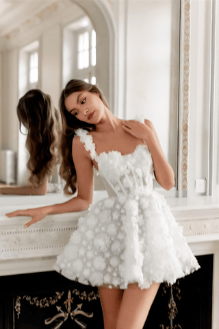 White Flower Lace Embroidery Lace-Up Spaghetti Strap Mini Dress