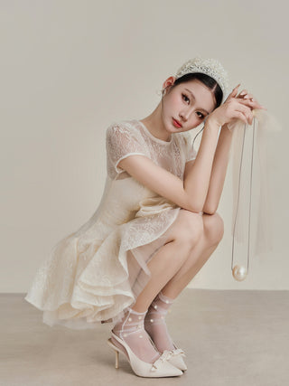 kelly sequin lace puffy mini dress in white