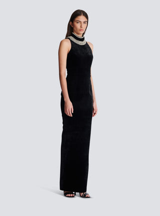 embroidered velvet halterneck maxi dress in black